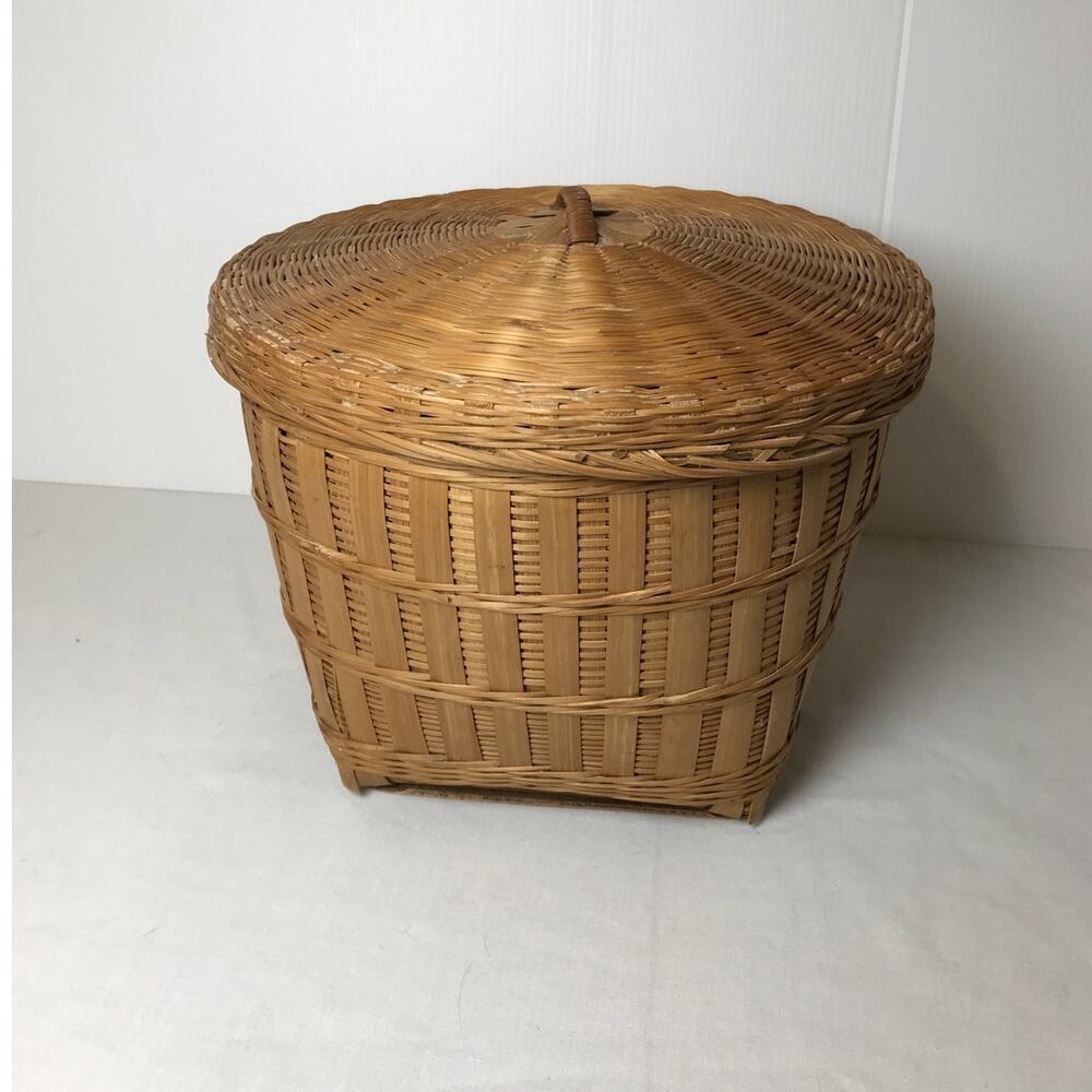 Brown Vintage Hand Woven Lidded Round Storage Basket